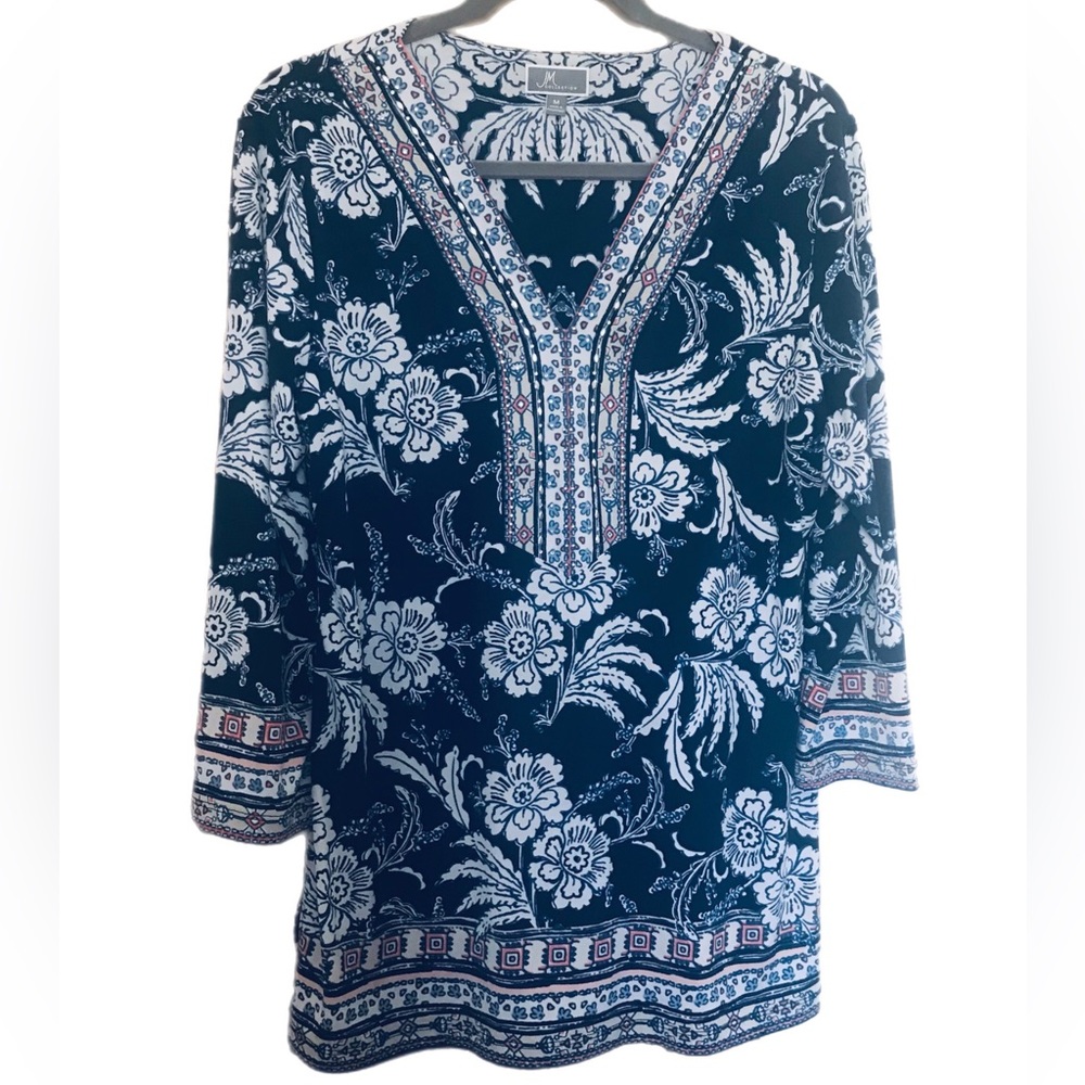 JM Collection Stretch Multicolor Navy White Coral Tunic Pullover V-Neck Med